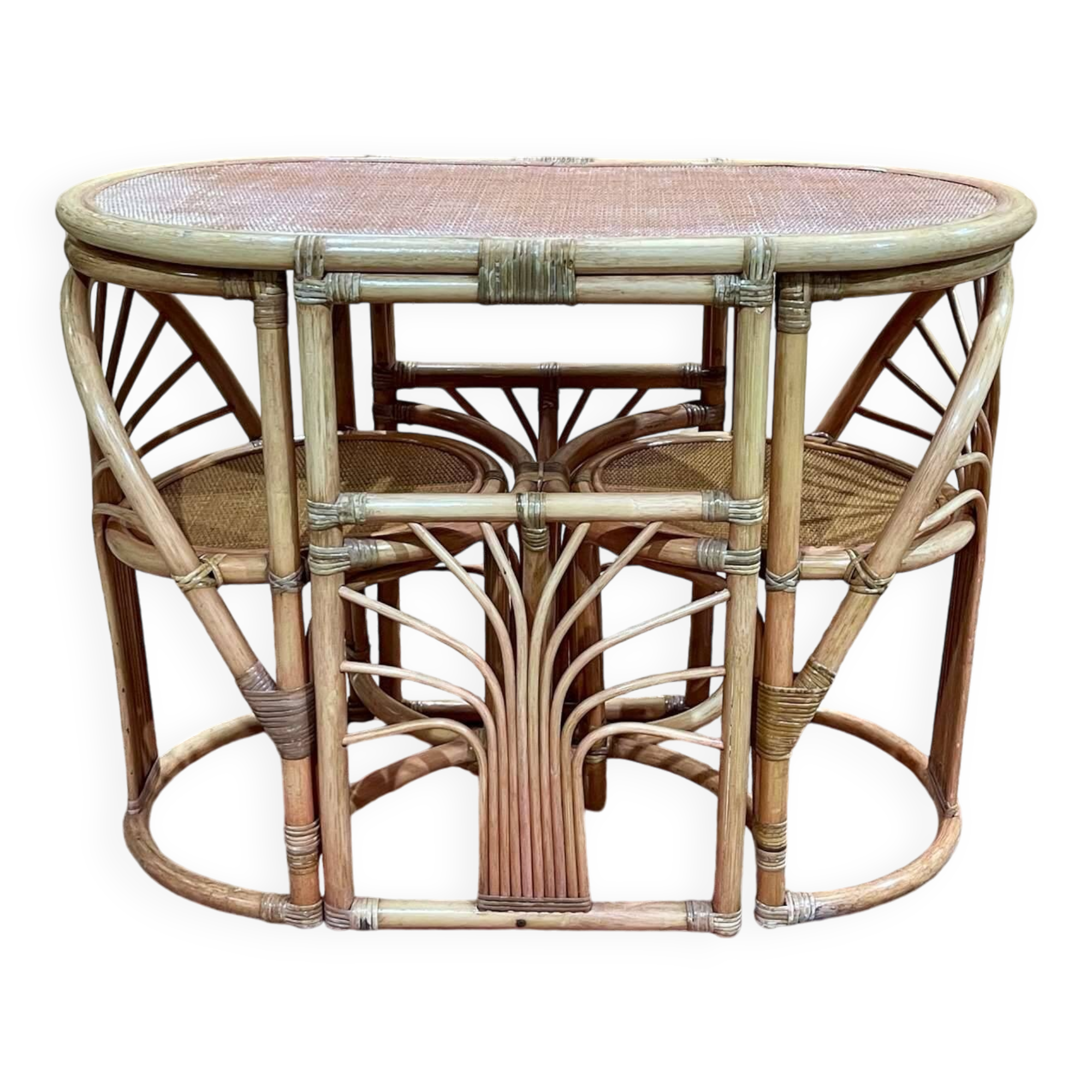 Bamboo and rattan living room set, 1 table and 2 chairs - 70s