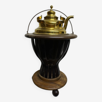 Brass kettle, teapot and wooden stand.