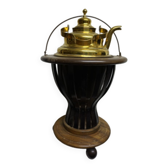 Brass kettle, teapot and wooden stand.