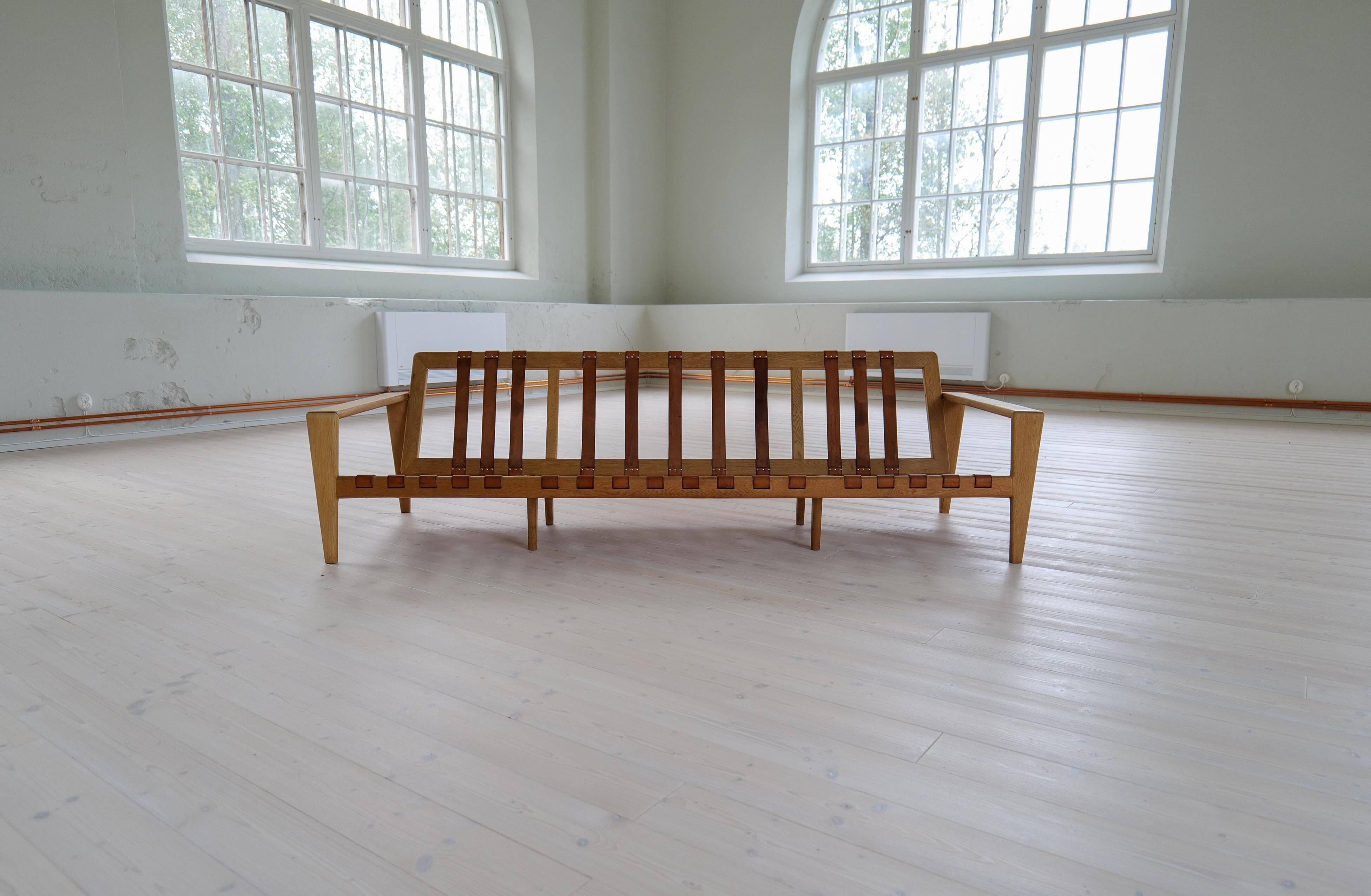 Large 1960s "Bodö" canapé in oak, leather and wool, Svante Skogh, Sweden