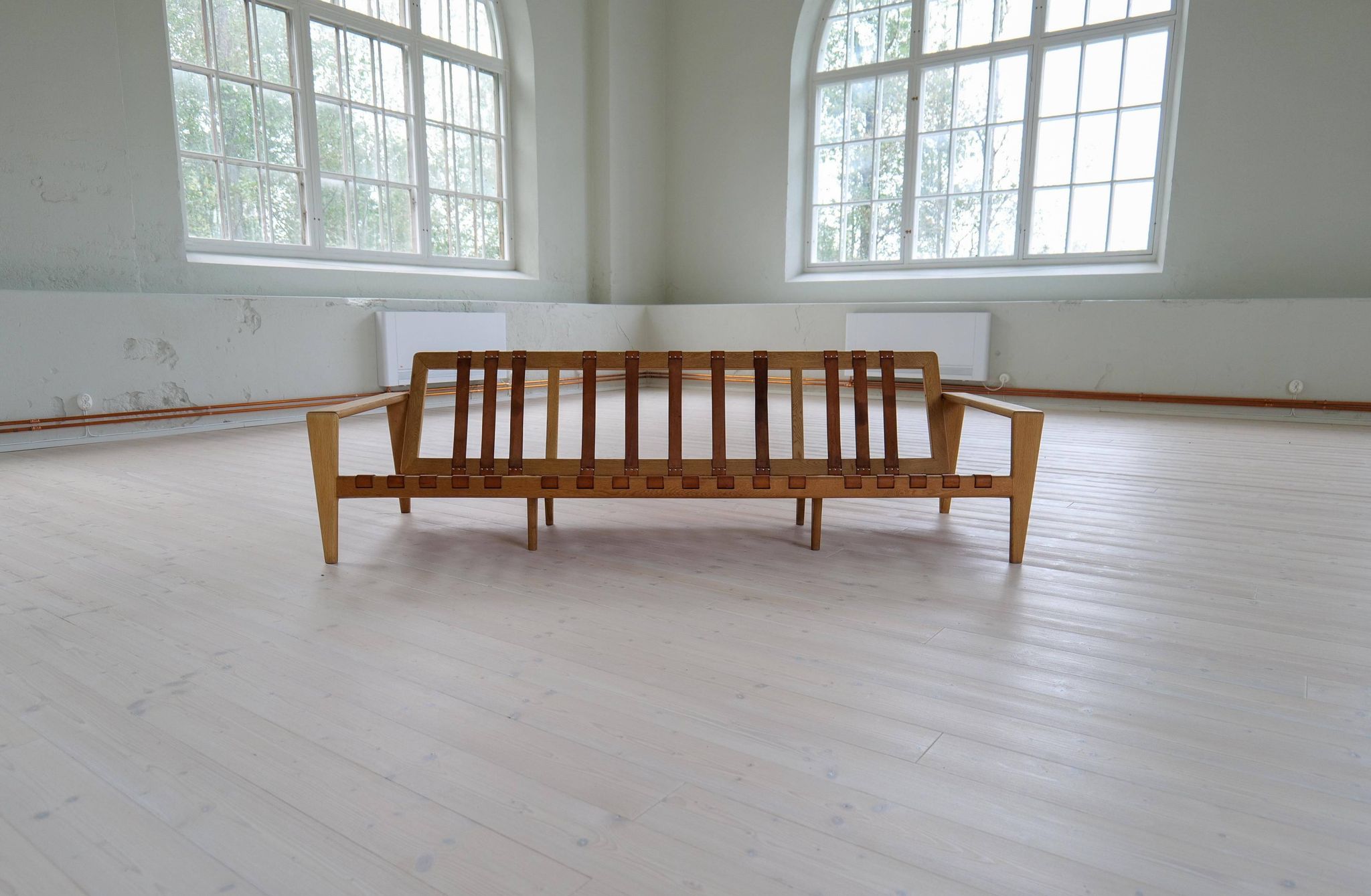Large 1960s "Bodö" canapé in oak, leather and wool, Svante Skogh, Sweden