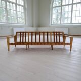 Large 1960s "Bodö" canapé in oak, leather and wool, Svante Skogh, Sweden