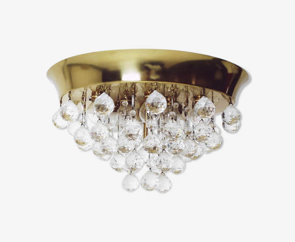 Plafonnier en laiton viennois du milieu du siècle avec boules de cristal des années 1960