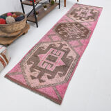 3x10 pink and brown herki runner rug, 307x88cm