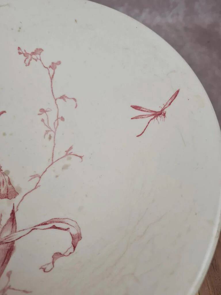 Large footed compote Gien model Iris with red floral decoration.