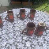 6 enamelled ceramic mugs, red and brown, Vallauris, vintage and designer