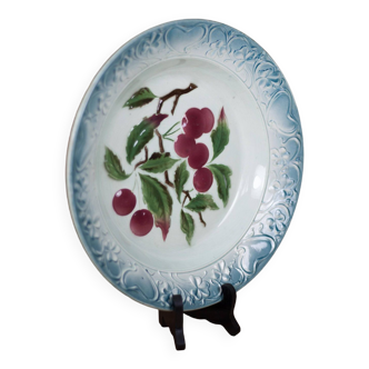 Plat en porcelaine vintage, plat en barbotine, plat motifs fruitiers, collection, art de la table