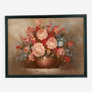 Peinture huile sur toile vintage signée edmond sanders 1898 1961 bouquet de fleurs