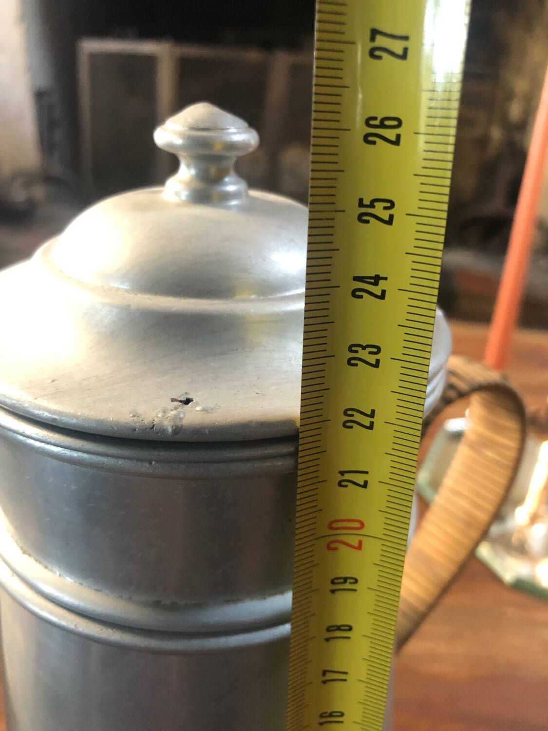 Old aluminum coffee maker, woven wicker handle