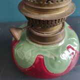 French vintage oil lamp with majolica and glass base