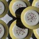 Lot de 19 grandes assiettes plates vintage jaunes fleurs roses liseré doré
