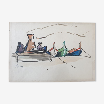 Aquarelle sur papier d'Arches "Barques à Collioure" Signée, André Duculty (1912-1990)