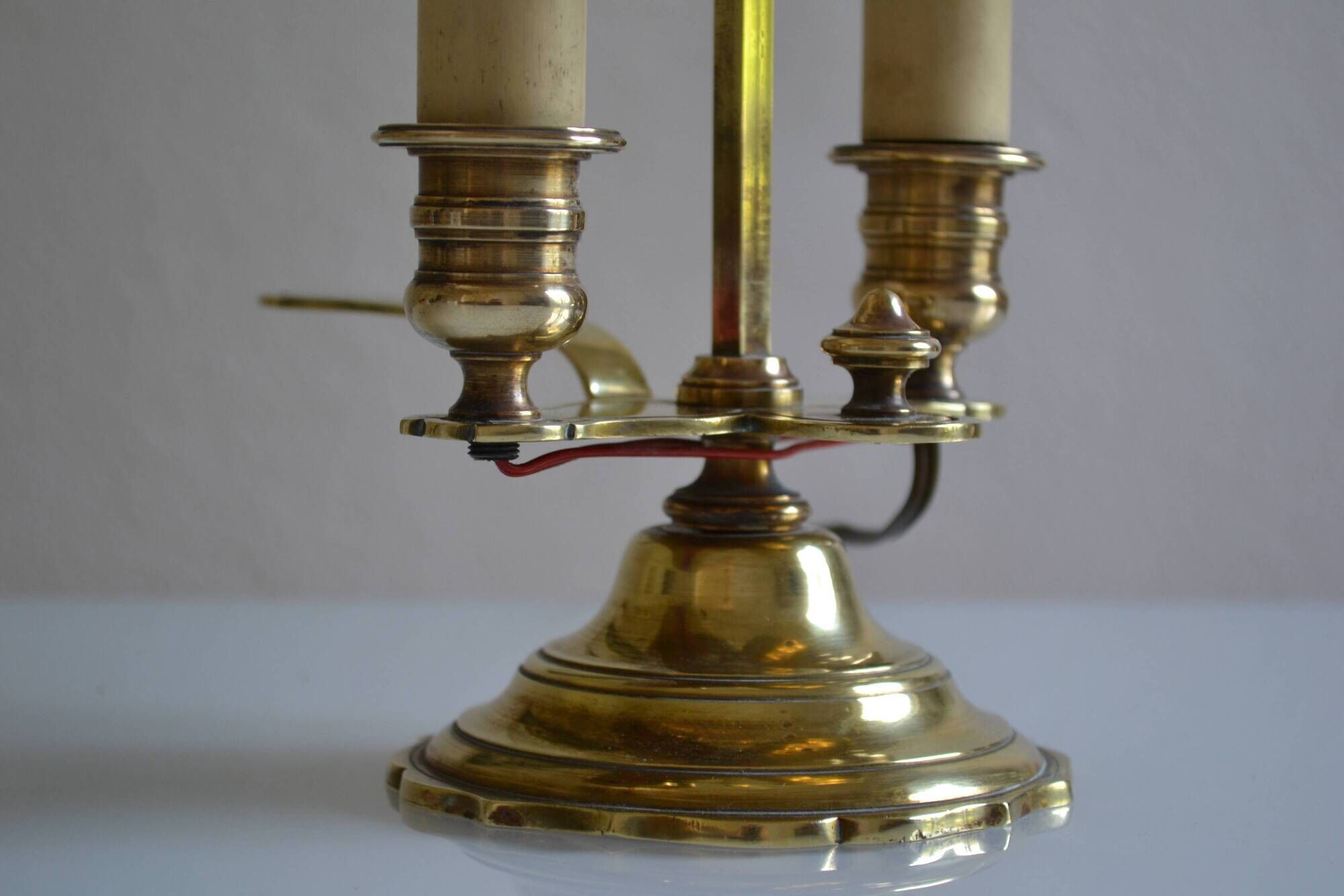 hot water bottle lamp with 2 bronze lights and burgundy sheet metal lampshade