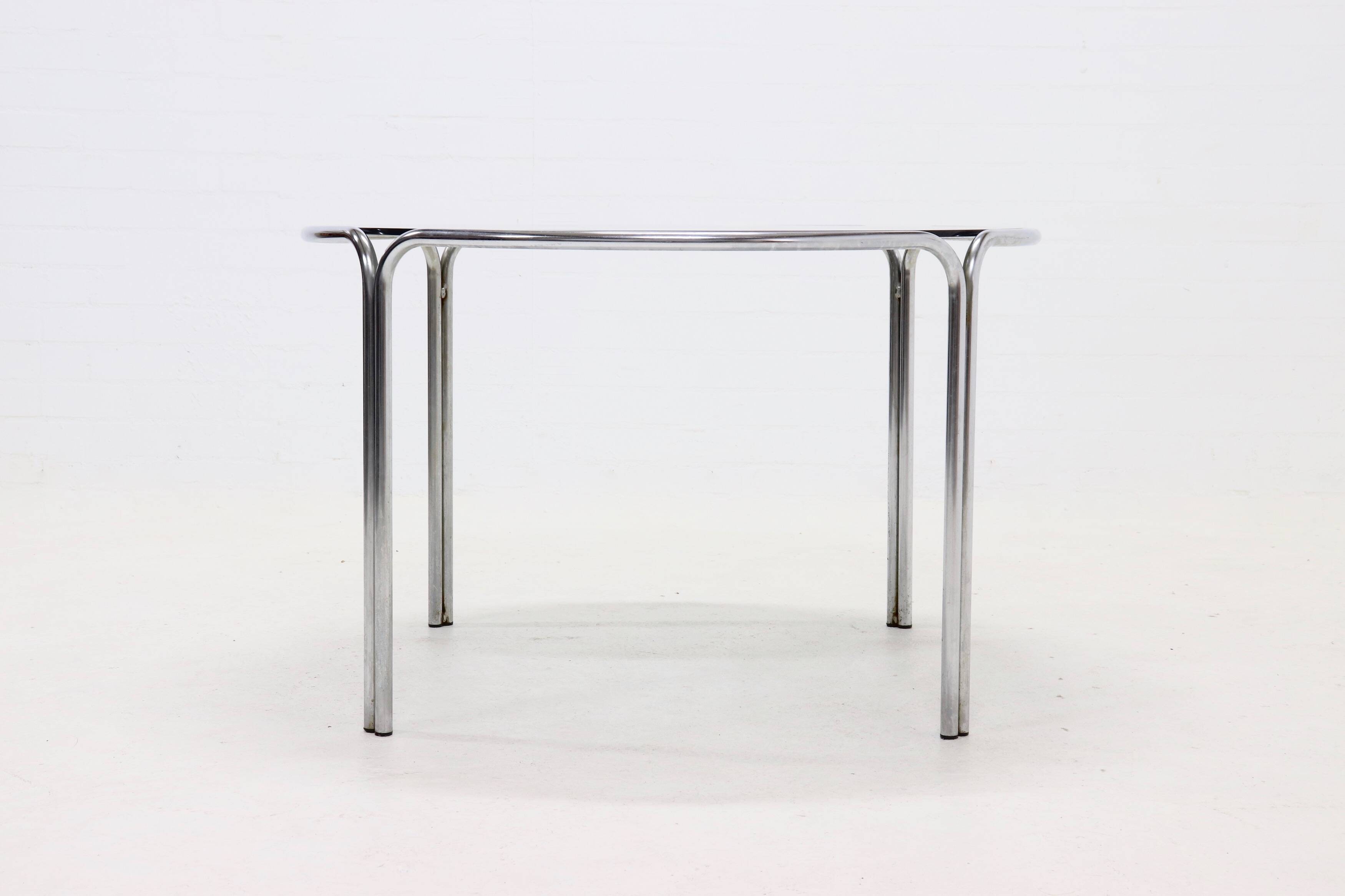 Italian Modern Chrome and Smoked Glass Round Dining Table 1970s