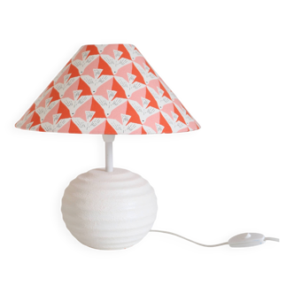 Small vintage table lamp, ceramic base and printed conical shade