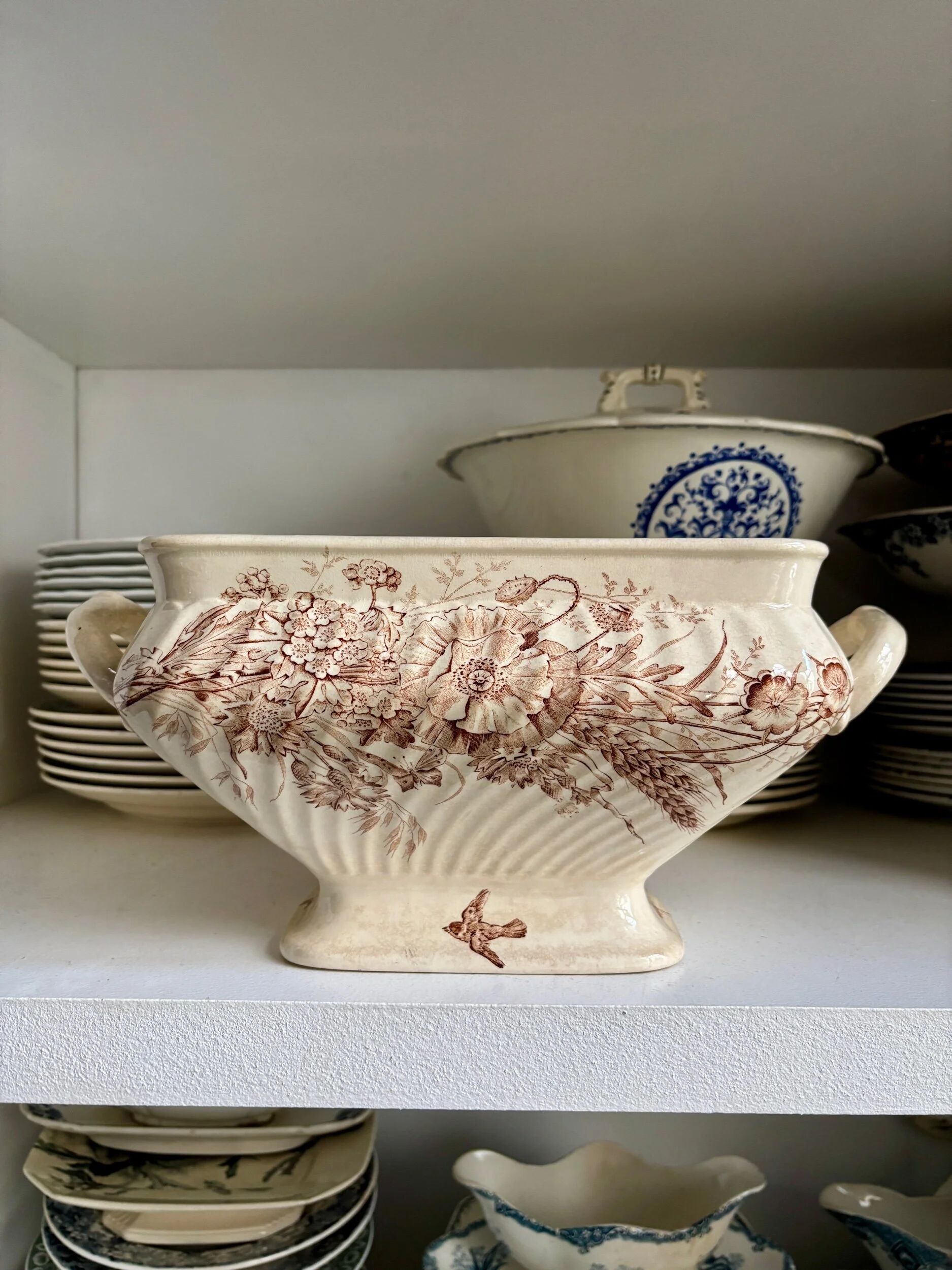 Brown ironstone soup tureen and vegetable dish
