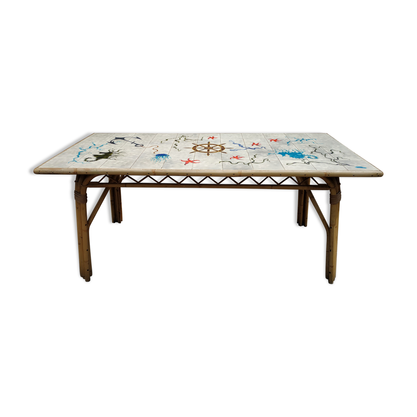 Vintage table in rattan Audoux and Minnet and ceramics Chassin 1950