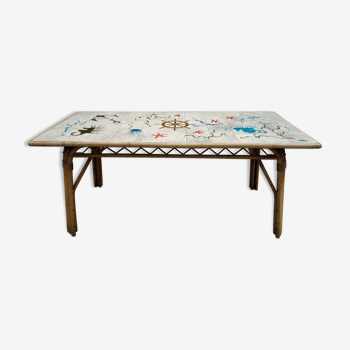 Vintage table in rattan Audoux and Minnet and ceramics Chassin 1950