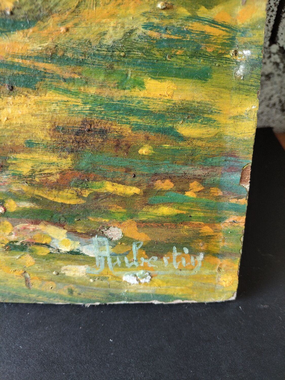 Old impressionist painting landscape river oil on wood signed