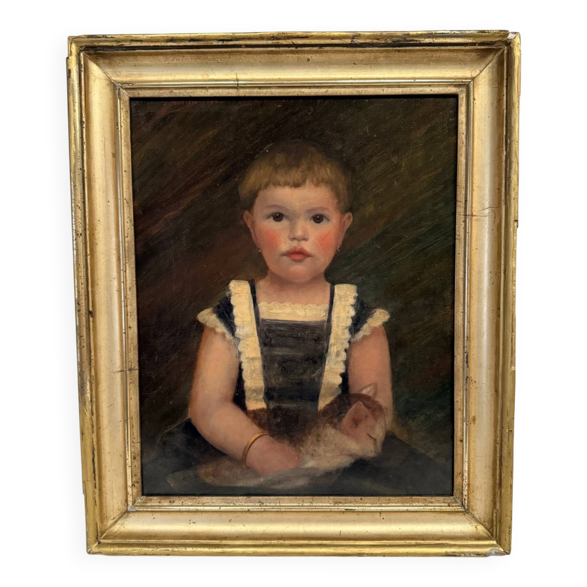 Oil on canvas 19th century young child carrying his cat gilded frame