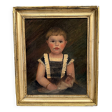 Oil on canvas 19th century young child carrying his cat gilded frame