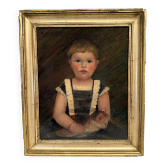 Huile sur toile XIXe jeune enfant portant son chat cadre doré