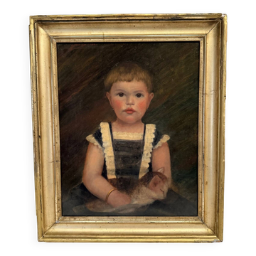 Huile sur toile XIXe jeune enfant portant son chat cadre doré