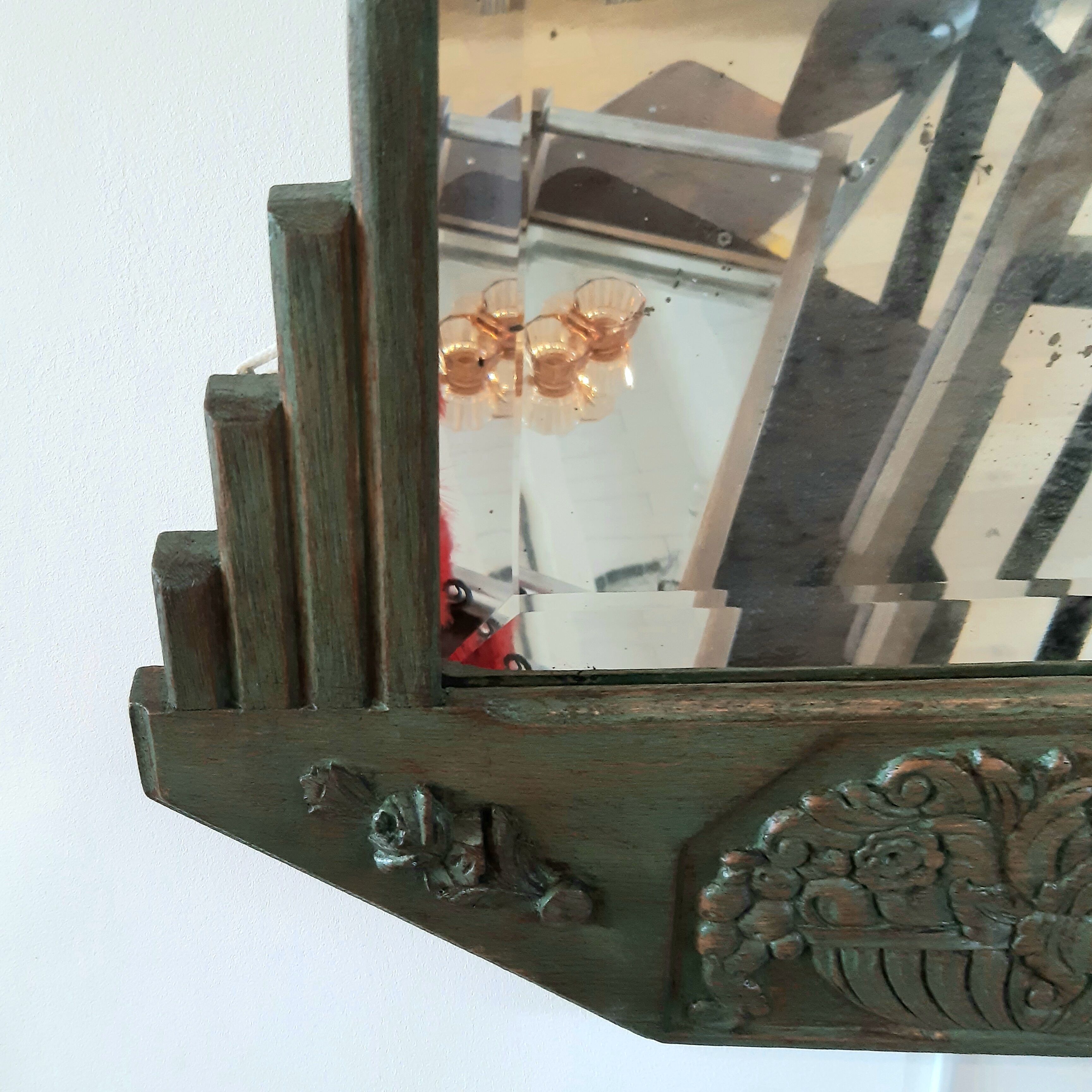 Mirror, art deco, wood, khaki patina, bevelled mirror