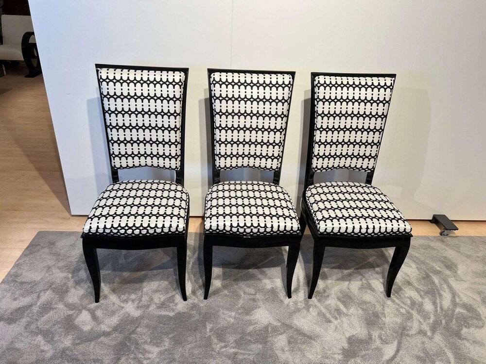 Art Deco High Back Black Lacquered Dining Chairs, France, 1930s, Set of 6