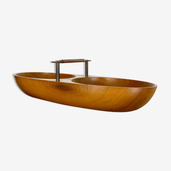 Large Light Teak Bowl with Brass and Leather Handle by Carl Auböck Austria, 1950