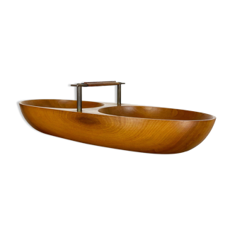 Large Light Teak Bowl with Brass and Leather Handle by Carl Auböck Austria, 1950