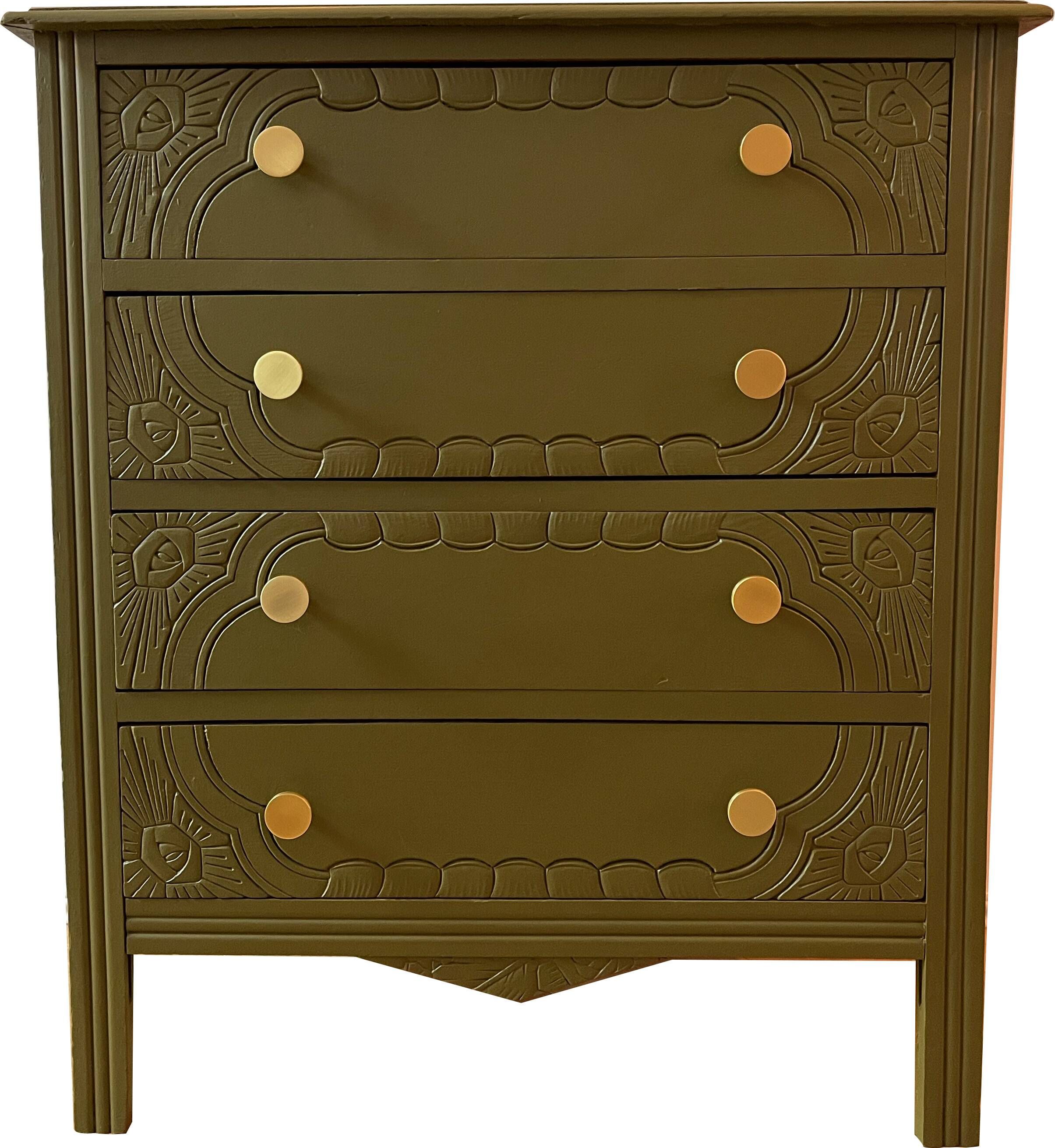 Art Deco chest of drawers - woody green - gold handles