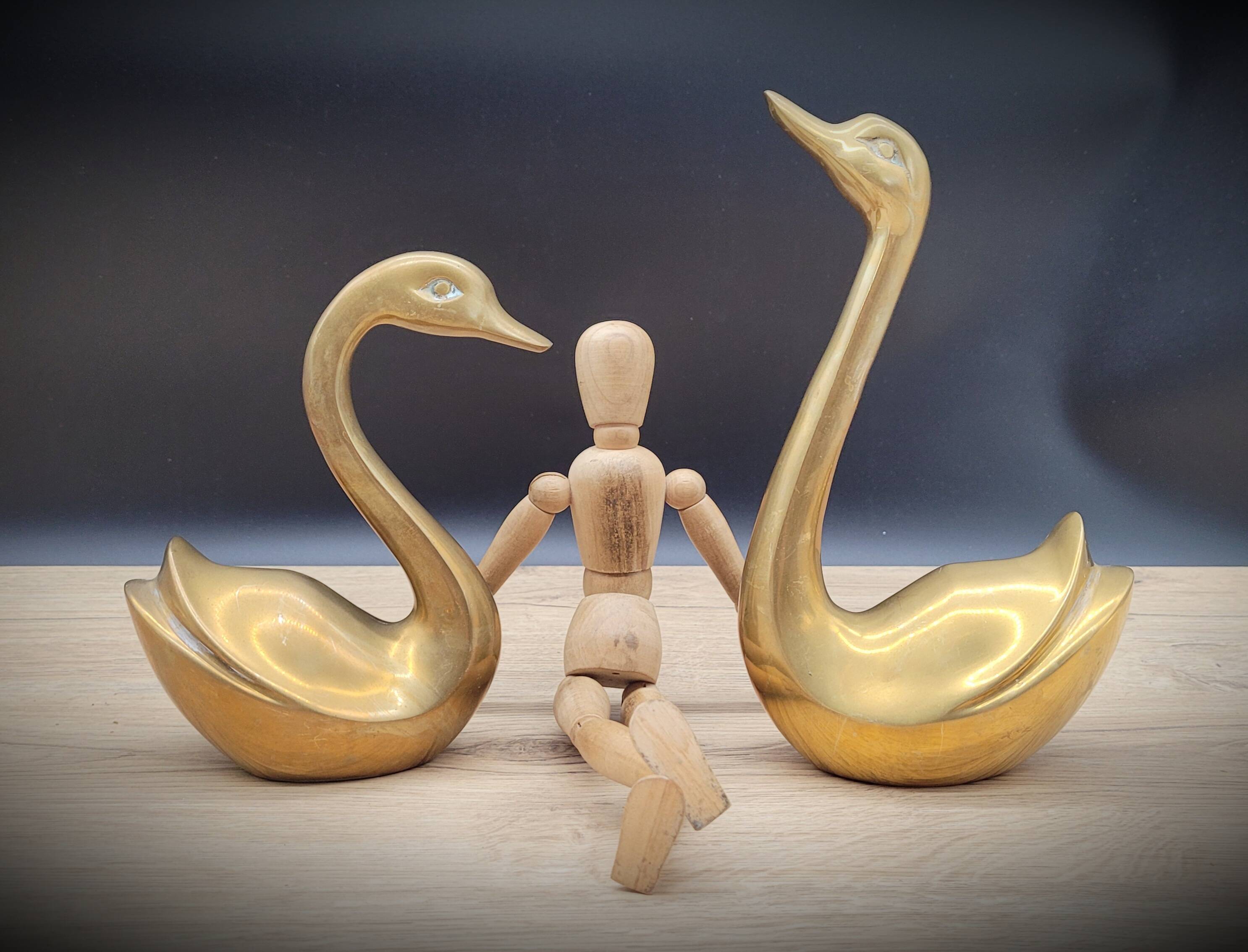 Pair brass swans