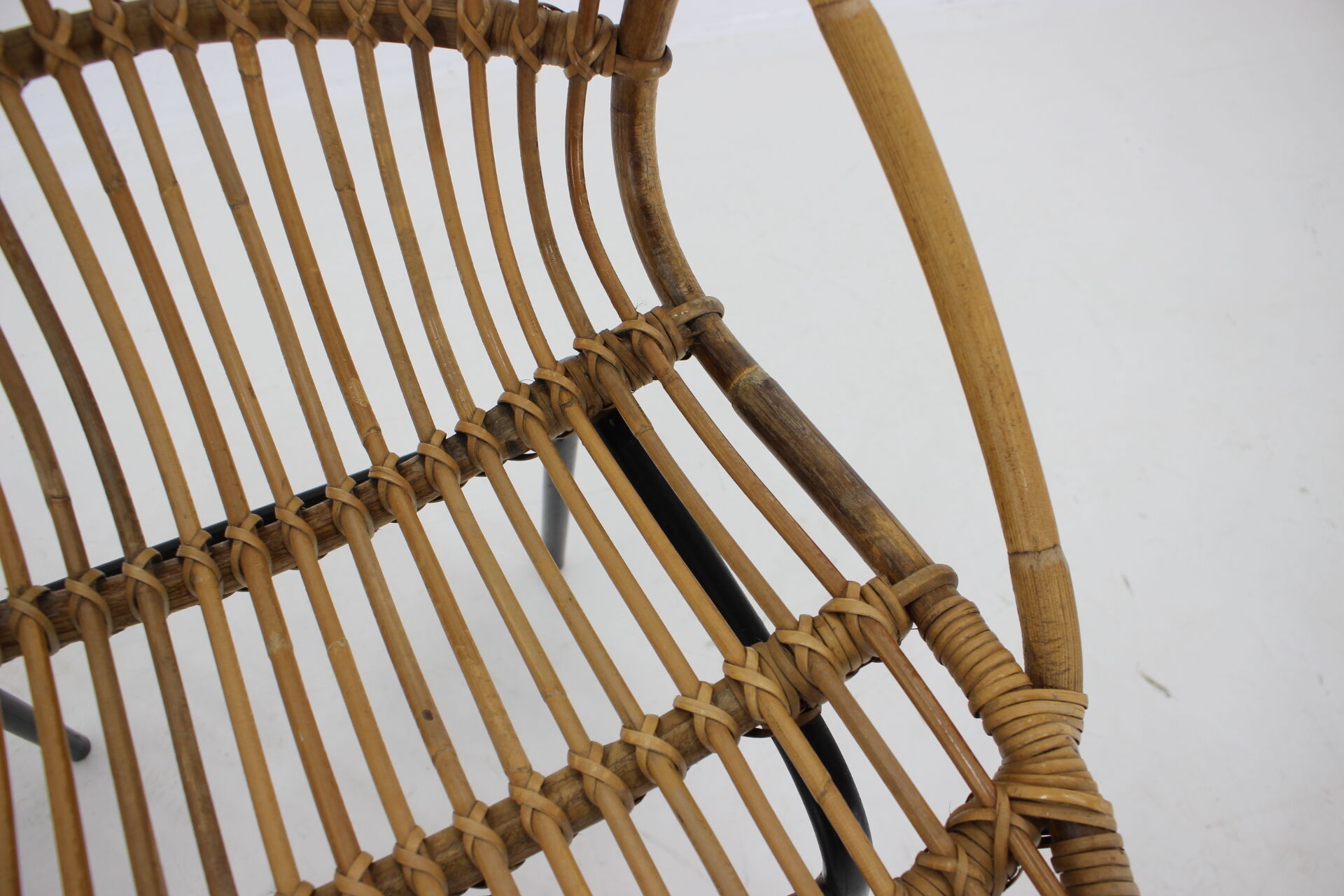 1970s pair of Alan Fuchs rattan and iron lounge chairs, Czechoslovakia