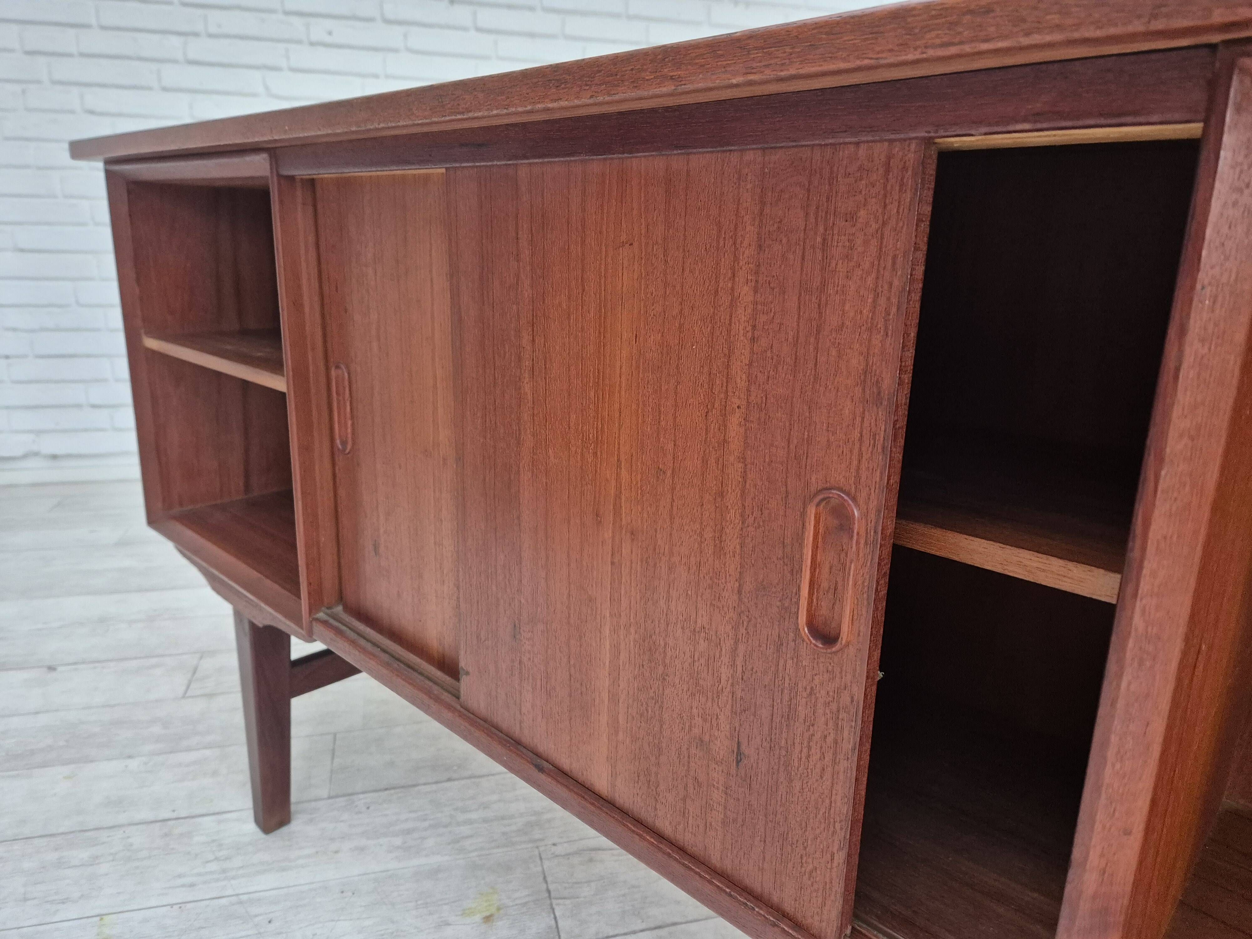 1960s, Danish double-sided, free standing desk, original condition, teak wood, drawers, sliding door