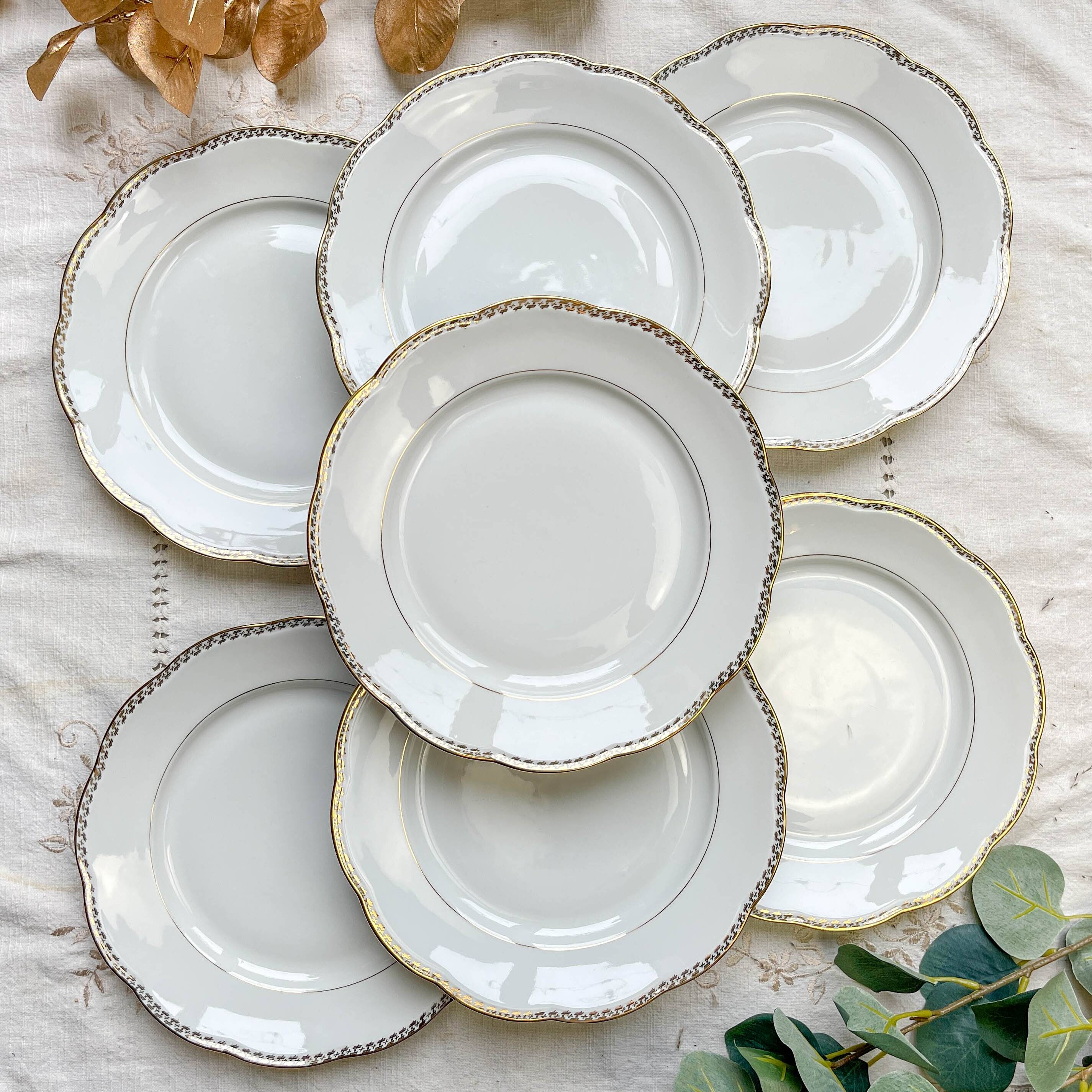 7 Vintage White and Gold Porcelain SPF Dinner Plates – Geometric