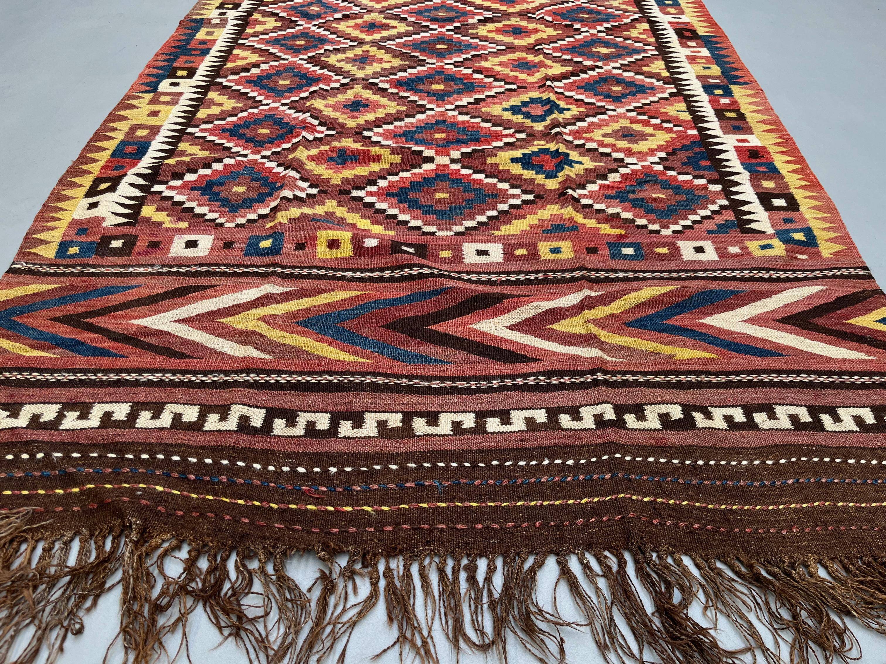 Vintage Afghan Tribal Kilim Wool Rug 390x185 cm Red, Orange, Brown, Black Large
