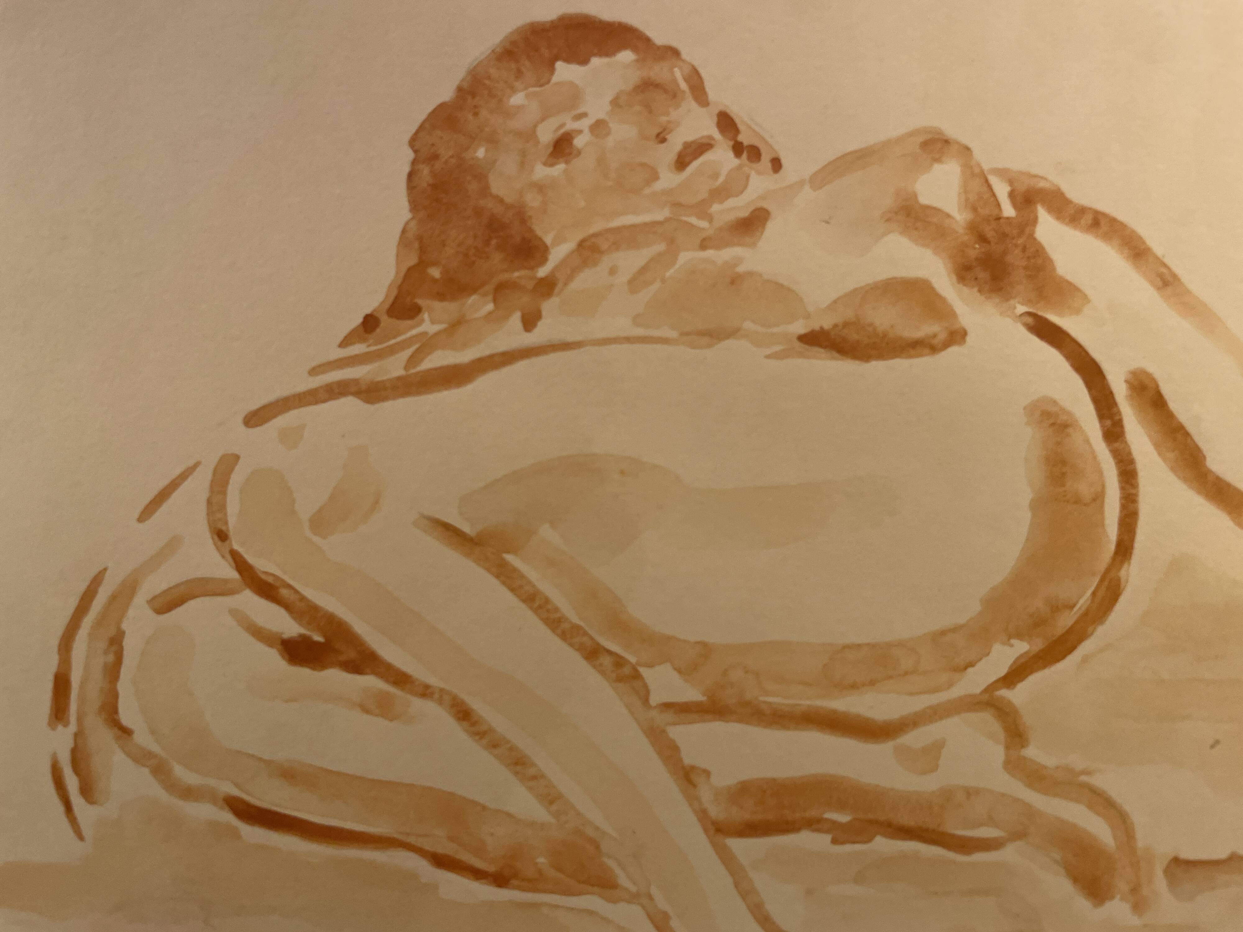 Signed painting monochrome watercolor female portrait "reclining study"