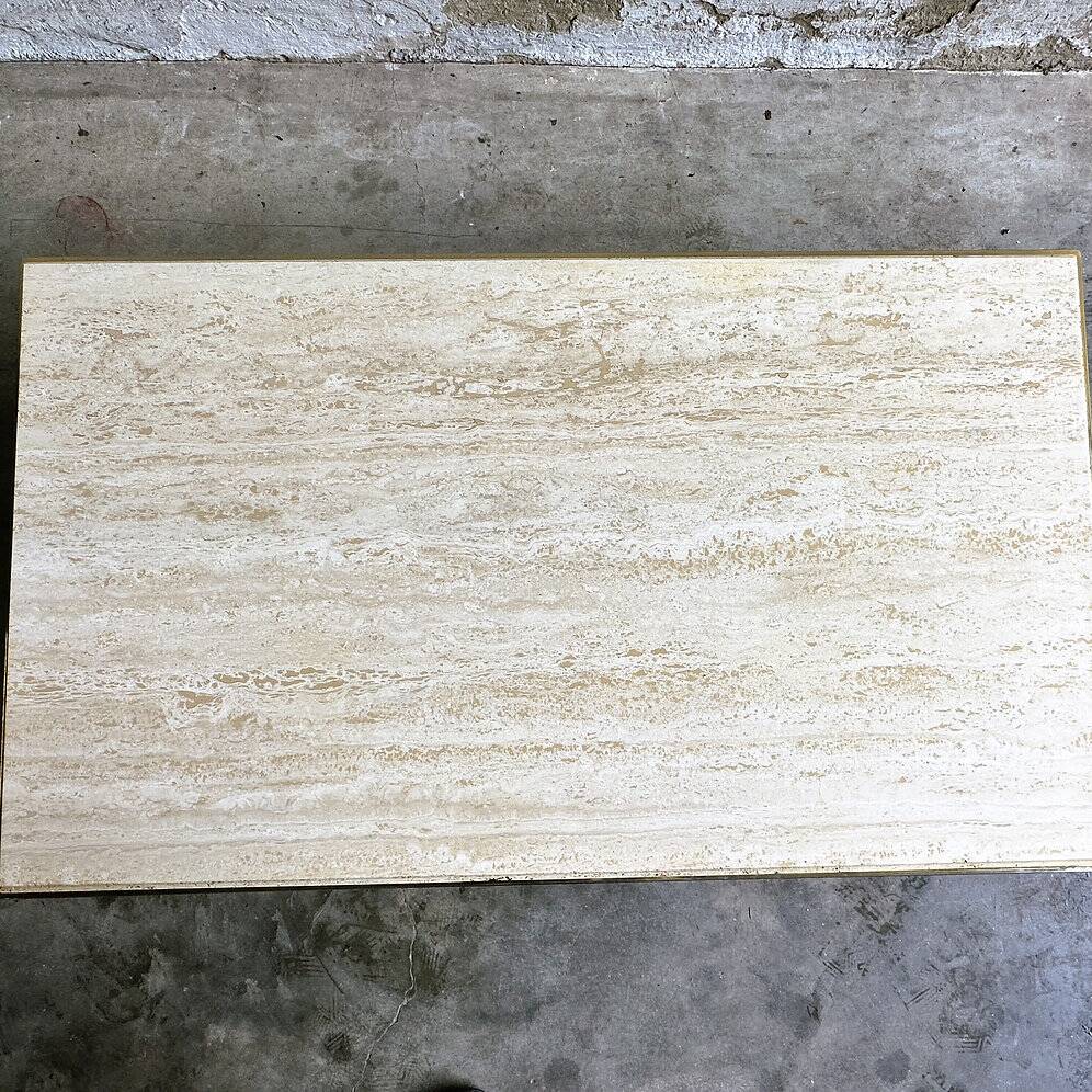 Vintage travertine coffee table with brass rim, France 1980s