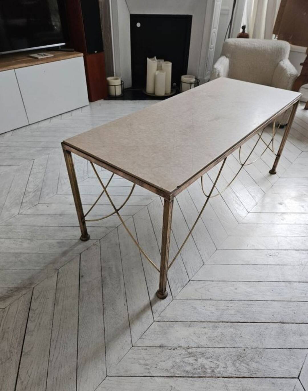 Marble and scalloped brass coffee table