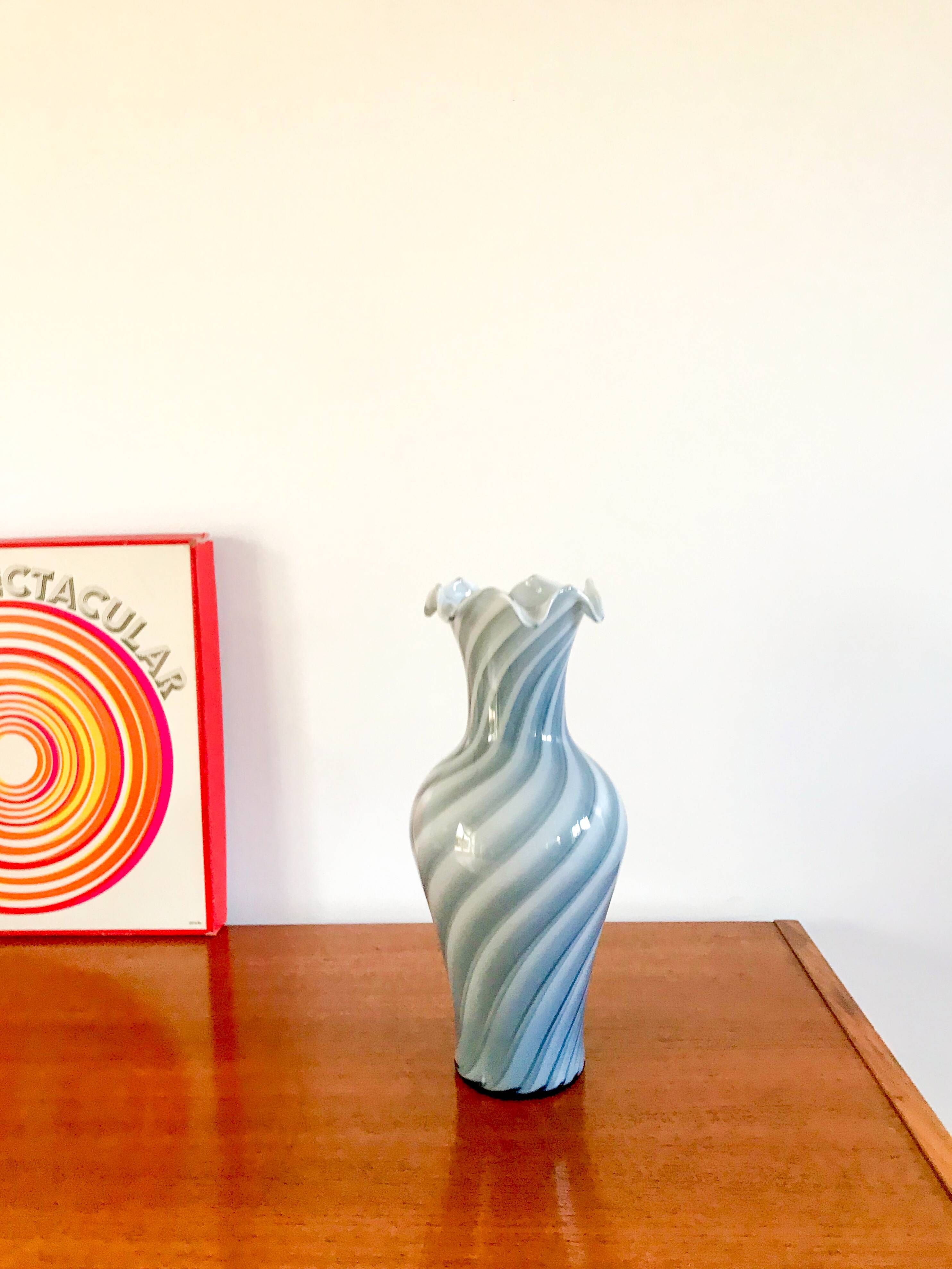 large vase in blue and white opaline Murano style 60s-70s
