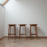 Set of 3 oak mid-century french bar stools Guillerme et Chambron