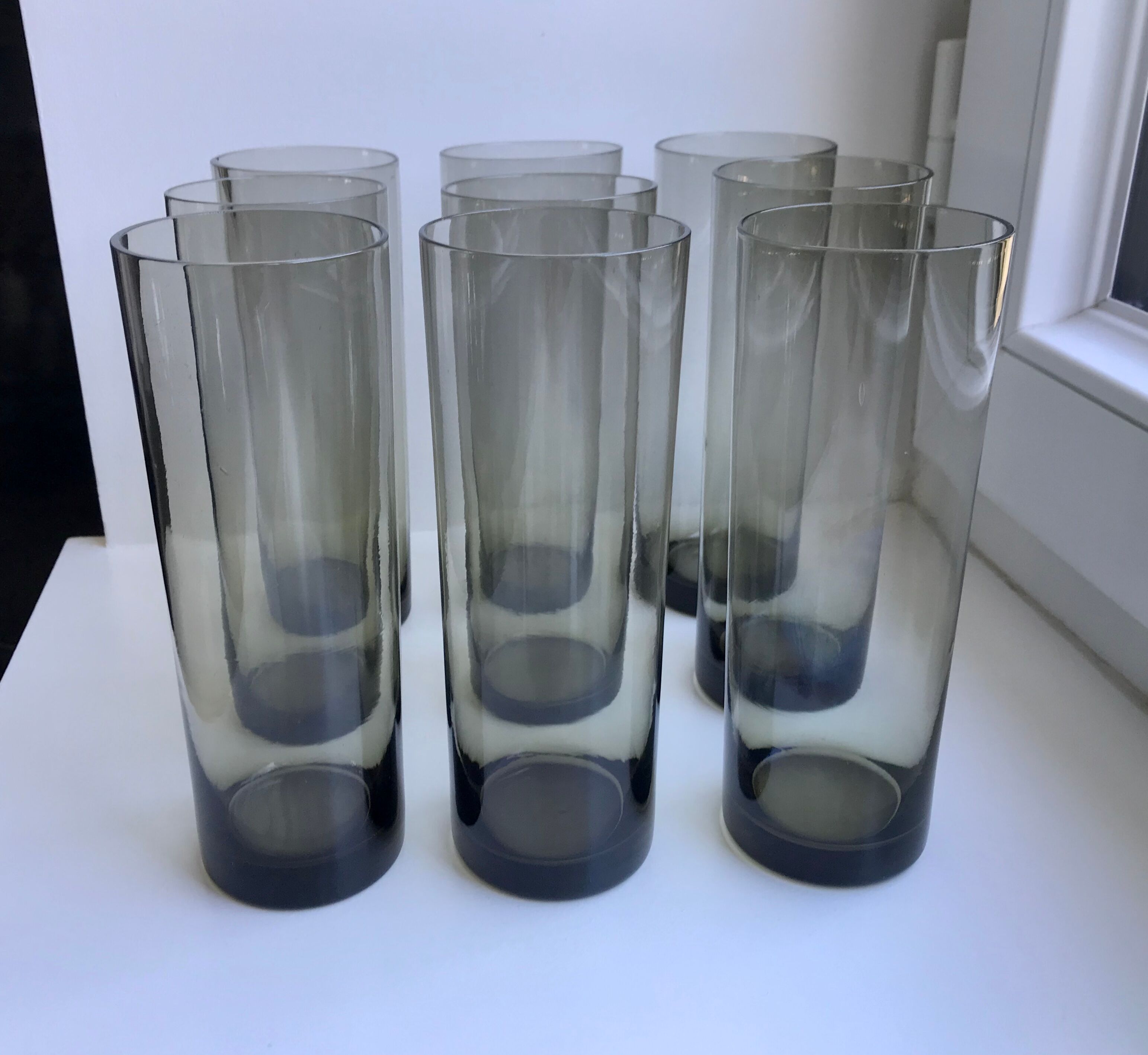 Set of 9 very large glasses in smoked glass 70s