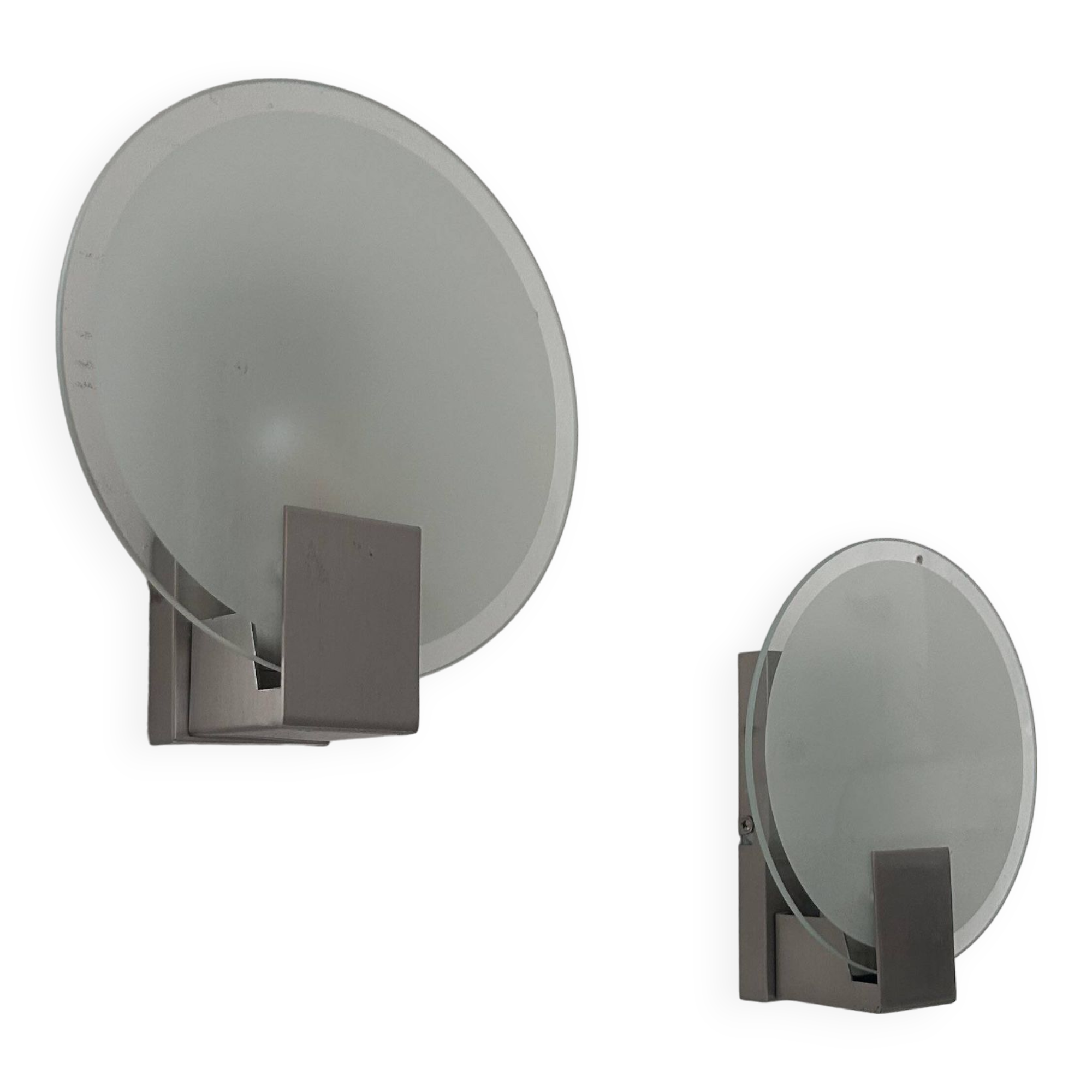 Pair of vintage round wall lights, chrome and sandblasted glass, France 1980s