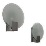 Pair of vintage round wall lights, chrome and sandblasted glass, France 1980s
