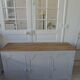 Vintage low sideboard with 3 doors, pearl gray patina, wooden top.