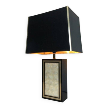 Lampe en bois laqué noir, dorure et nacre, France vers 1970