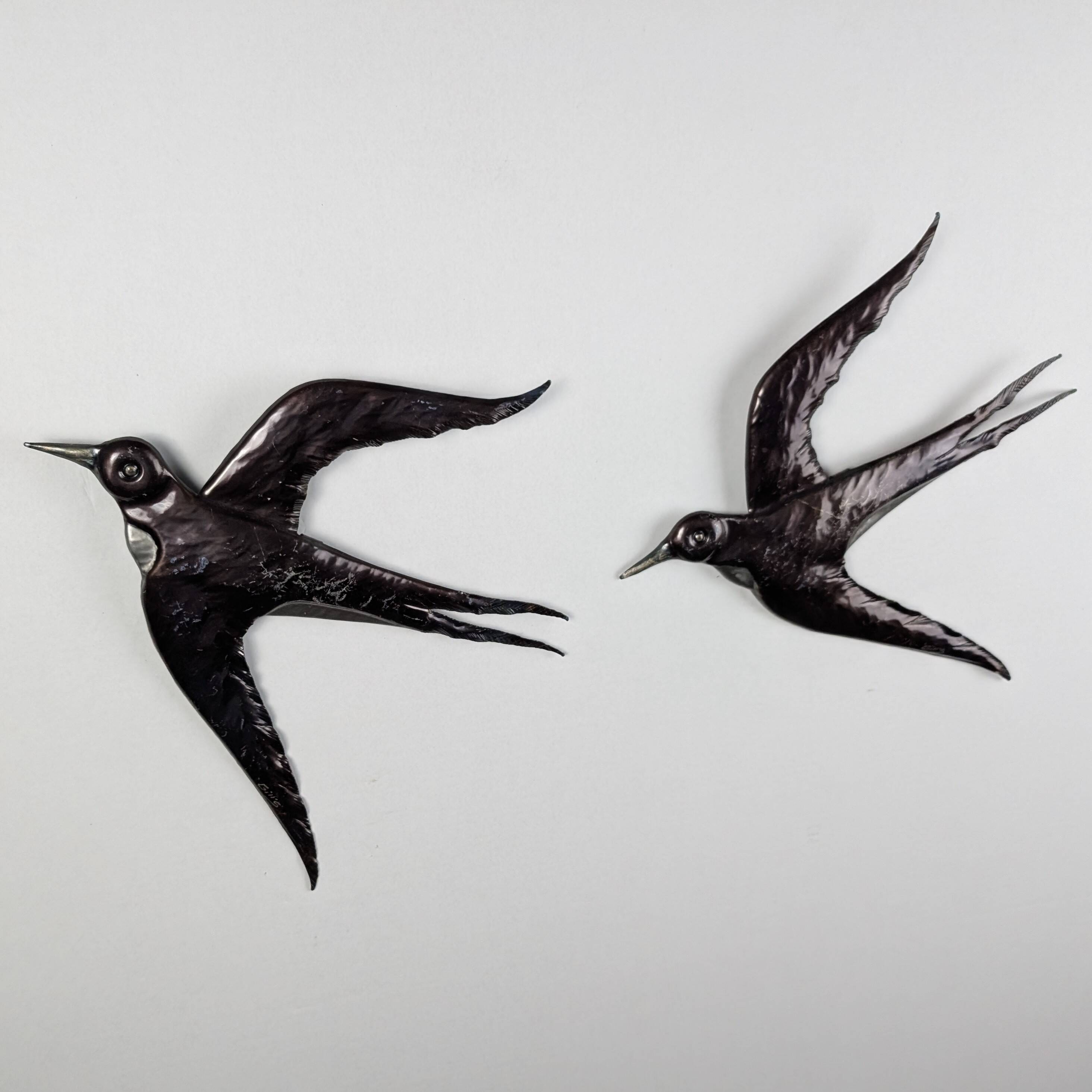 Pair of Metal Wall Sculptures Swallows, Signed, 1970s