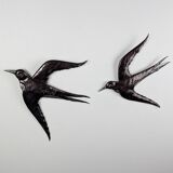 Pair of Metal Wall Sculptures Swallows, Signed, 1970s