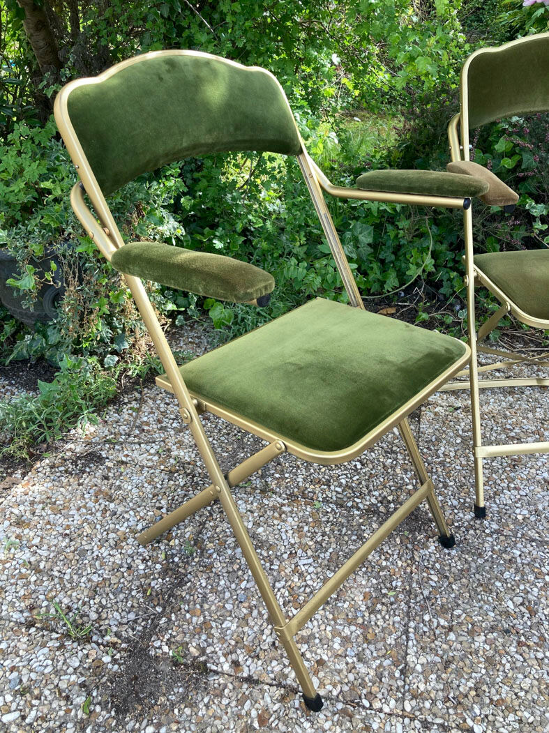 Set of 4 vintage folding armchairs in green velvet
